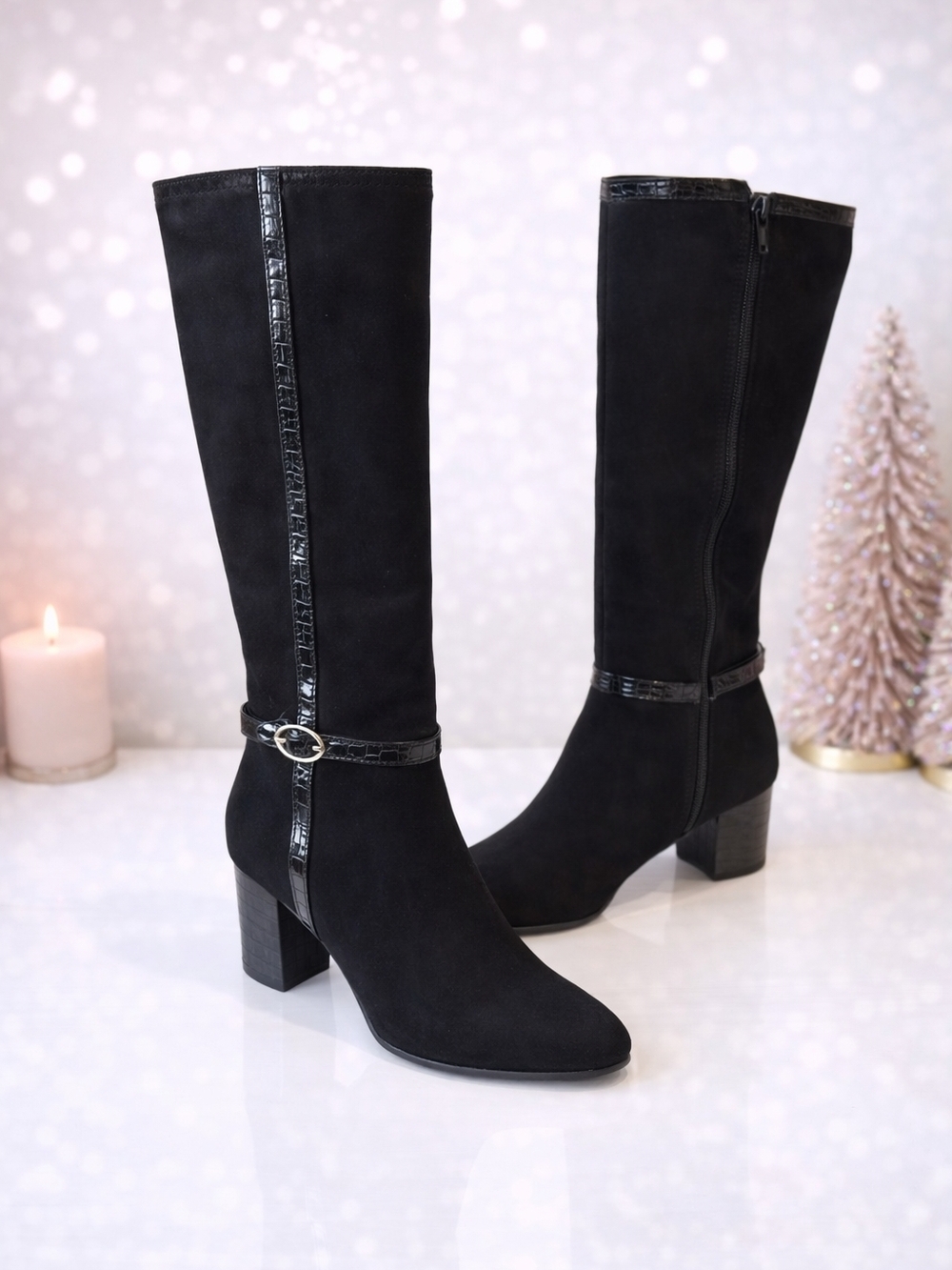 Jones New York Black Suede Knee-High Block Heel Boots with Croc Trim